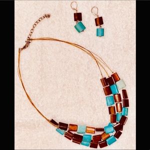 Earring & Necklace Set, Turquoise & Brown EUC